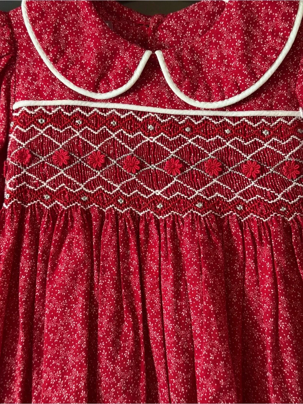 Handmade Red Smocked Peter Pan Collar Girls Dress